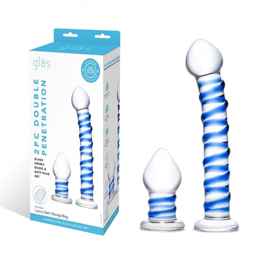 2Pc Double Penetration Glass Swirly Dildo & Buttplug Set