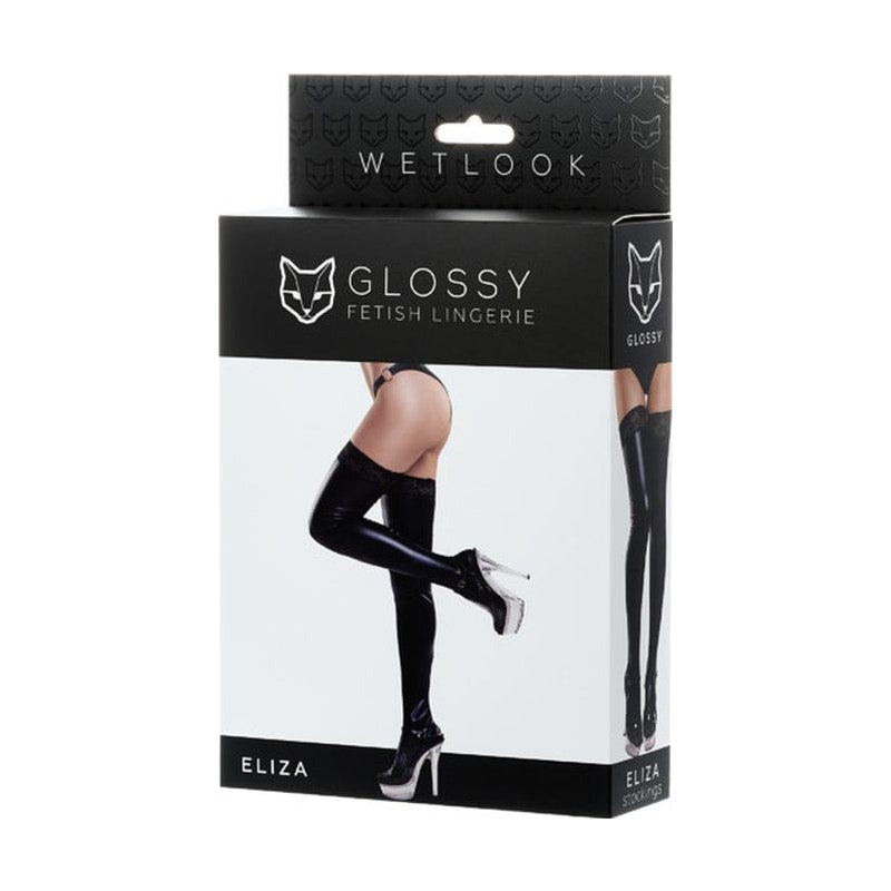 Glossy Wetlook Stockings w Lace Insert Eliza - Vibrant Vibes Australia - Quality Sex Toys - Great Prices - Sex Toys Australia